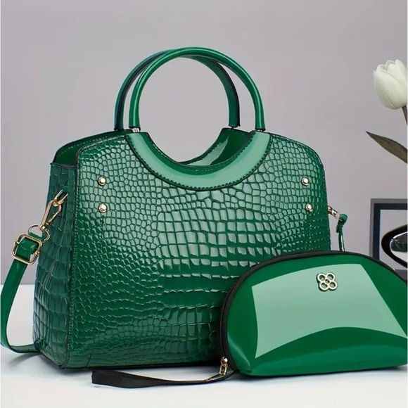 Emerald Green Faux Crocodile Patent Leather Satchel Handbag - Picture 2 of 2